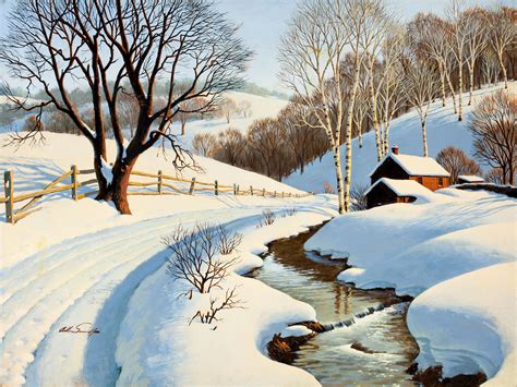 Winter scenery painting, stream, house, road, trees, snow ...