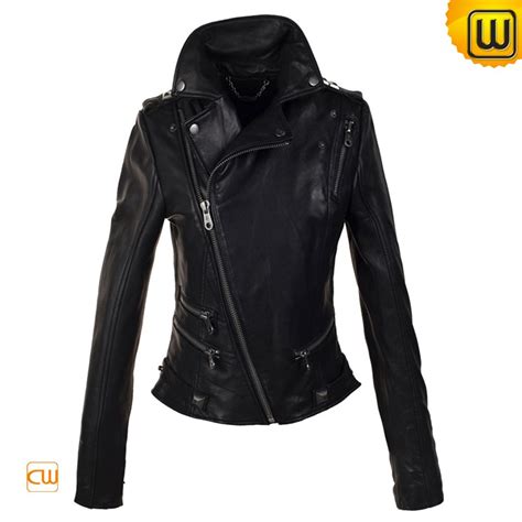 Women Black Cropped Motorcycle Leather Jacket CW608114