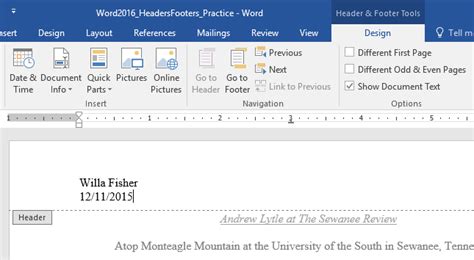 Word 2016: Headers and Footers   Full Page