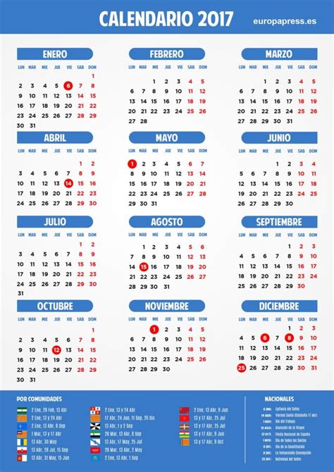 Year 2017 Calendar – Spain: Easter, long weekends and holidays